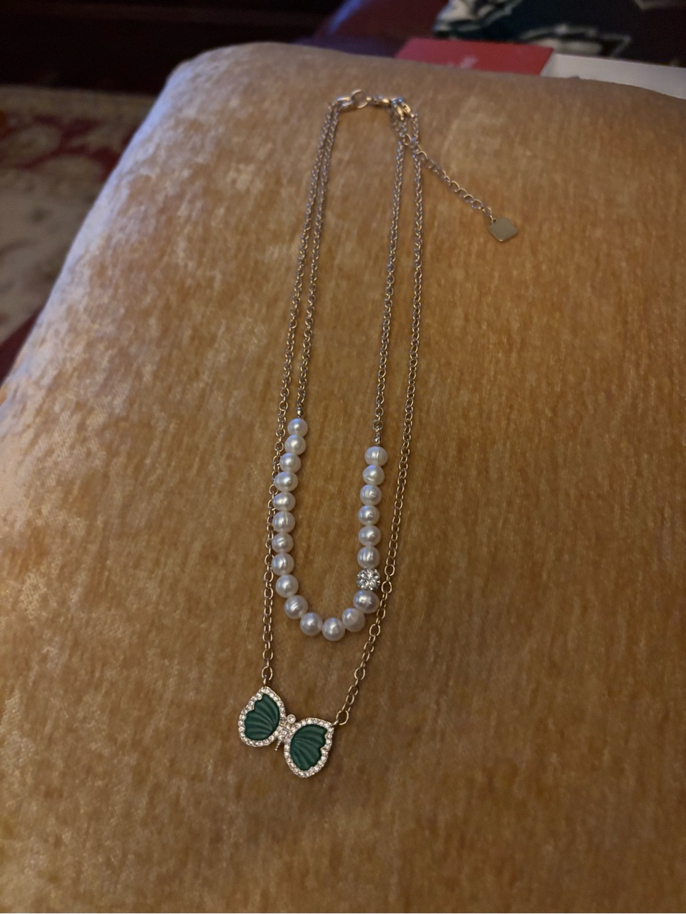 Park Lane Gold-Tone Layered Pearl Necklace with Green Bow Pendant